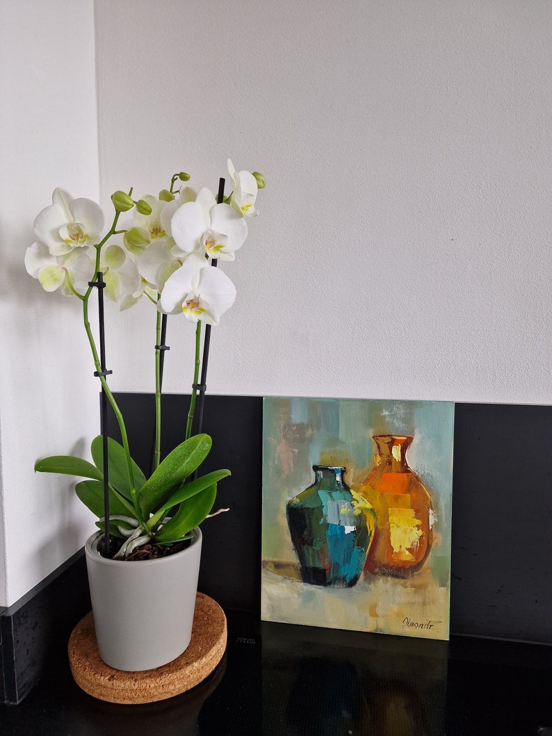 Carafe nature morte jaune vert peinture originale peinture à l'huile abstraite cuisine décoration murale couteau à palette salon décoration art moderne image 6