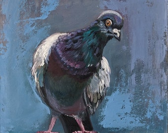 Nieuwsgierige duif Origineel olieverfschilderij Vogelkunstwerk Dierlijke olie Klein schilderij van Olena Andreieva