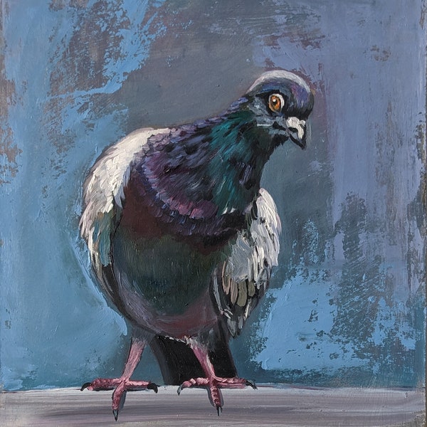 Pigeon curieux, peinture à l'huile originale d'oiseau, petite peinture à l'huile animale par Olena Andreieva