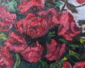 Roses rouges, peinture à l'huile florale, nature morte, petites fleurs, peinture d'art, cadeau de cuisine pour elle, décoration d'intérieur 5 x 7 po, par Olena Andreieva