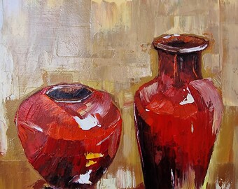 Carafes rouges, peinture abstraite à l'huile, nature morte, cuisine, décoration murale, technique au couteau à palette, décoration de salon, art moderne, 24 x 25 cm