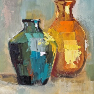 Carafe nature morte jaune vert peinture originale peinture à l'huile abstraite cuisine décoration murale couteau à palette salon décoration art moderne image 2