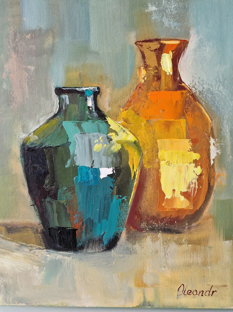 Carafe nature morte jaune vert peinture originale peinture à l'huile abstraite cuisine décoration murale couteau à palette salon décoration art moderne image 2