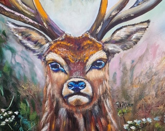 Peinture à l'huile originale de cerf, grand portrait d'animal, décoration murale de la faune, peinture à l'huile sur la nature, 61 x 81 cm par Olena Andreieva