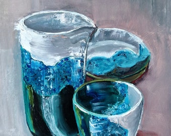 Cups origineel olieverfschilderij, blauw abstract stilleven, keukenmuurdecoratie, moderne huismuurkunst, cadeaukunstidee 21 x 30 cm door Olena Andreieva