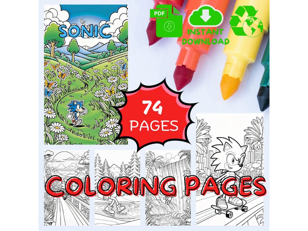 74 Sonic Coloring Pages PDF - Fun for Kids and Adults | Instant Download | Sonic the Hedgehog Printable Coloring pages