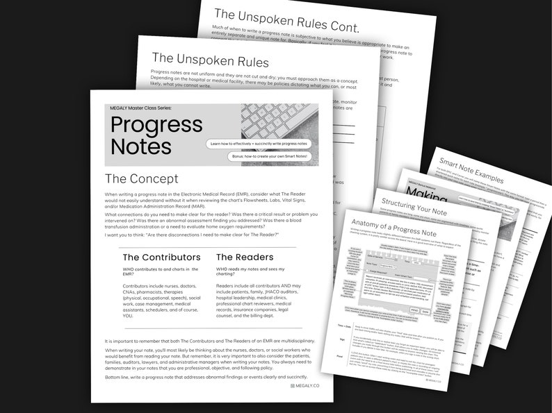 K&ouml;nnte beinhalten: Ein Schwarzwei&szlig;bild eines Dokuments mit dem Titel "Progress Notes" und dem Text "The Unspoken Rules" und "The Concept". Das Dokument handelt vom Schreiben von Fortschrittsnotizen in der elektronischen Patientenakte (EPA).