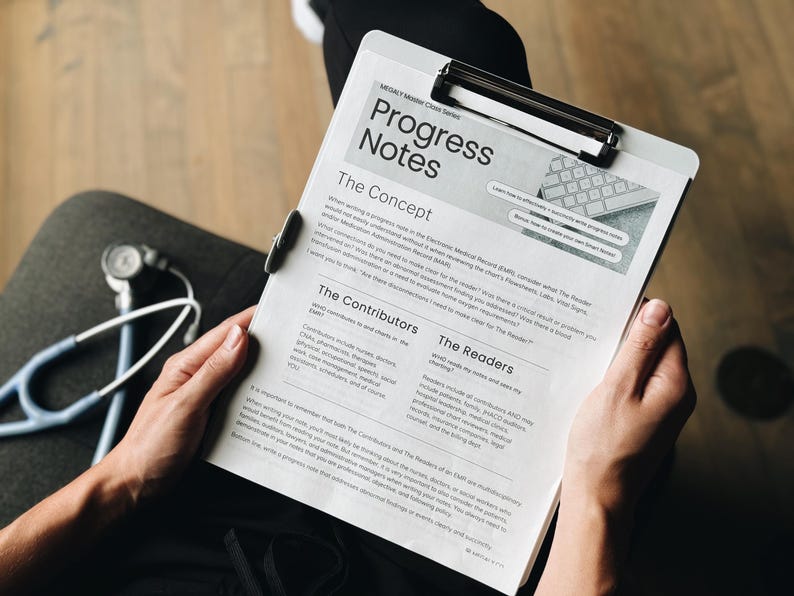 K&ouml;nnte beinhalten: Ein wei&szlig;er Klemmbrett mit dem Titel "Fortschrittsnotizen" und Text &uuml;ber das Konzept, die Mitwirkenden und die Leser der elektronischen Patientenakte (EPA).