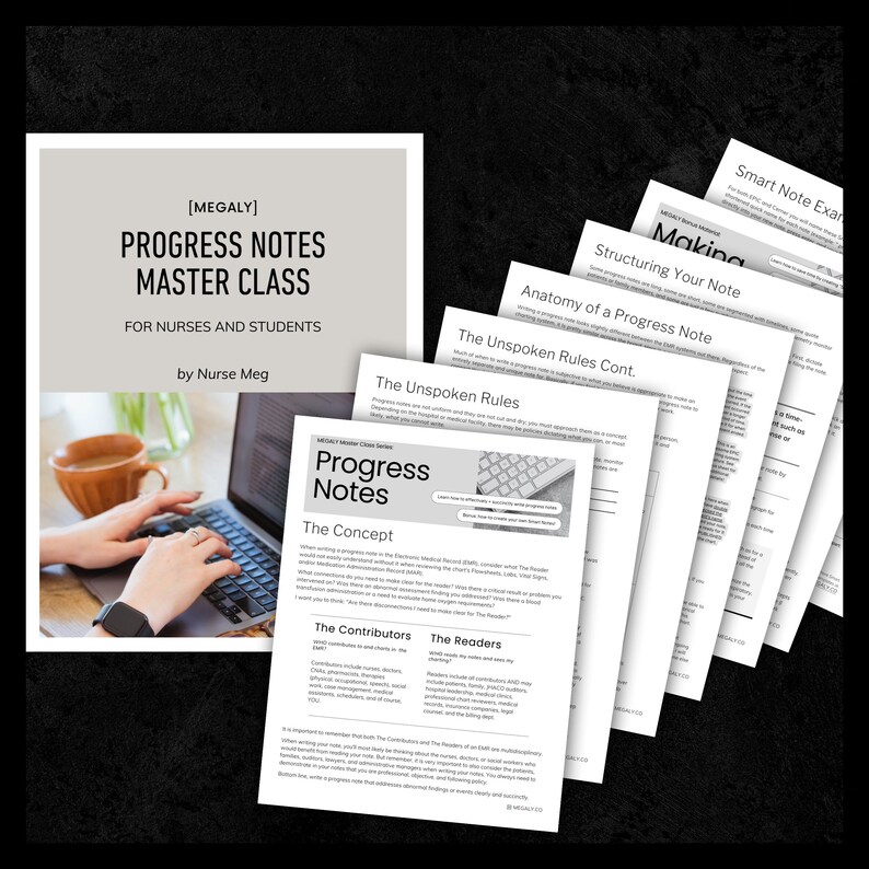 K&ouml;nnte beinhalten: Ein schwarz-wei&szlig;es Masterclass-Handbuch f&uuml;r Fortschrittsnotizen f&uuml;r Krankenschwestern und Studenten. Der Leitfaden umfasst ein Konzept, Mitwirkende, Leser und unausgesprochene Regeln. Der Titel des Leitfadens lautet "Progress Notes Master Class" von Nurse Meg.