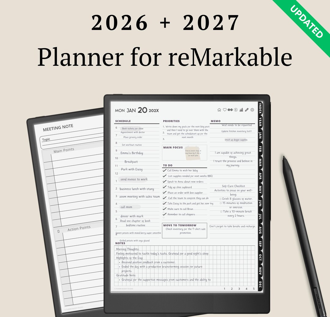 Daily Planner for Remarkable Paper Pro Move Tablets, Eink Templates ...