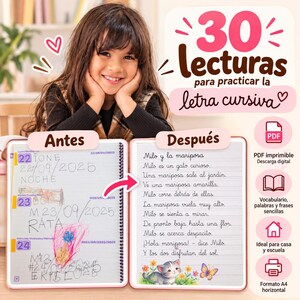 Puede incluir: Recurso educativo titulado 30 lecturas para practicar la letra cursiva que muestra una comparación de caligrafía antes y después de practicar. El documento incluye una historia sobre un gato llamado Milo y una mariposa, con ilustraciones e iconos de descarga PDF.