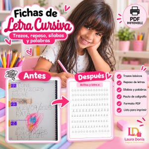 May include: A digital educational resource titled Fichas de Letra Cursiva featuring printable PDF worksheets for cursive handwriting practice, including tracing exercises, letter repetition, syllables, and words, presented with before and after examples.