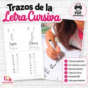 Peut inclure: Une fiche pédagogique PDF imprimable intitulée Trazos de la Letra Cursiva proposant des exercices d'écriture cursive pour les lettres l, f, k, h, b, r, g, q, c, j, v, w, x, y et z, avec des guides et une liste de caractéristiques.