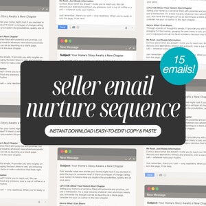 May include: A digital marketing resource for estate agents, featuring a colourful graphic with the text "seller email nurture sequence" and "instant download | easy-to-edit | copy & paste". The graphic also includes a series of email subject lines and email content examples.
