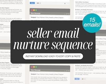 May include: A digital marketing resource for real estate agents, featuring a colorful graphic with the text "seller email nurture sequence" and "instant download | easy-to-edit | copy & paste". The graphic also includes a series of email subject lines and email content examples.