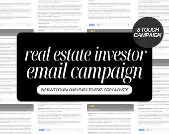Może przedstawiać: Czarno-białe zdjęcie z tekstem "real estate investor email campaign" w dużych białych literach. Obraz jest podzielony na sekcje z różnymi tematami wiadomości e-mail i tekstem o inwestowaniu w nieruchomości. Tekst "8 TOUCH CAMPAIGN" znajduje się w prawym górnym rogu obrazu.