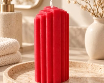 Handmade Red Geometric Pillar Candle, Architectural Sculptural Decor (One of a Kind)