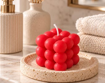 Handmade Red Bubble Cube Candle, Sculptural Geometric Decor (One of a Kind)