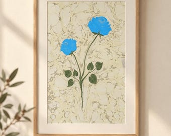 Original Turkish Ebru Floral Art, Blue Flower Marbled Paper (One of a Kind)