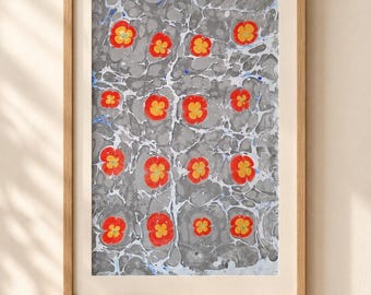Original Turkish Ebru Floral Art, Handmade Marbled Paper, One of a Kind Wall Art