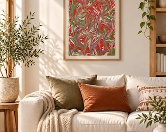 Original Turkish Ebru Marbled Paper Artwork, Red Green Abstract Wall Art (One of a Kind)