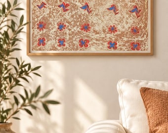 Original Turkish Ebru Marbled Paper Art, Floral Ottoman Wall Decor (One of a Kind)