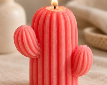Handmade Coral Cactus Sculptural Candle, Boho Decor, One of a Kind