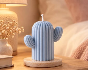 Handmade Blue Cactus Sculptural Candle, Pastel Boho Decor (One of a Kind)