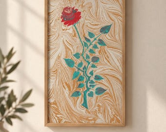 Original Turkish Ebru Rose Art, Handmade Marbled Paper, One-of-a-Kind Floral Wall Art (35x50 cm)