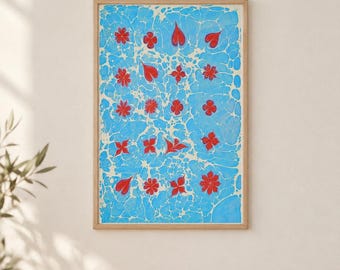 Original Turkish Ebru Floral Marbled Paper Artwork, One of a Kind Blue Red Wall Art