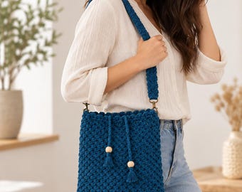 Handmade Teal Crochet Shoulder Bag, Boho Wooden Bead Purse (One of a Kind)