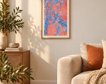 Original Turkish Ebru Marbled Paper Artwork, Pink Blue Abstract Wall Decor
