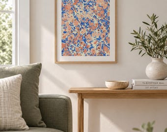 Original Turkish Ebru Art, Blue Coral Marbled Paper, One-of-a-Kind Handmade Wall Art