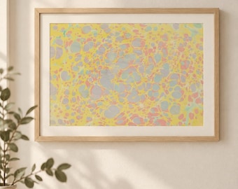 Original Turkish Ebru Marbled Paper Art, Pastel Yellow, Pink, Gray, Mint (One of a Kind)