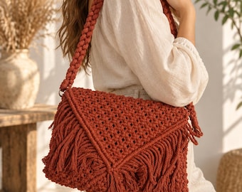 Handmade Rust Macrame Shoulder Bag, Crochet Fringe Crossbody Purse