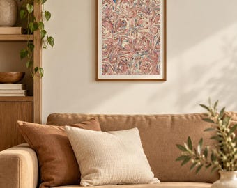 Original Turkish Ebru Marbled Paper Art, Pink Cream Terracotta Swirls (One of a Kind)