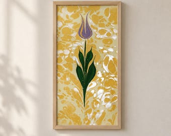 Original Turkish Ebru Tulip Art, Handmade Marbled Paper, One-of-a-Kind Floral Wall Art