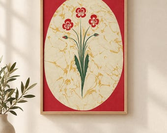 Original Turkish Ebru Floral Marbled Paper Artwork, One-of-a-Kind Botanical Wall Art