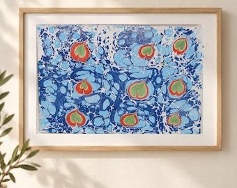 Original Turkish Ebru Art, Blue Marbled Paper, Floral Drop Motifs (One of a Kind)