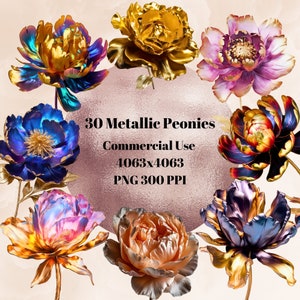 30 Metallic Pfingstrosen Clipart, PNG, 300 PPI, volle kommerzielle Nutzung, druckbar, sofortiger digitaler Download, Einladung und Dekoration, realistisch