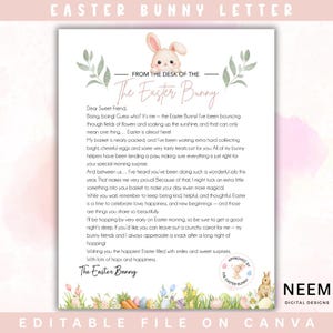 May include: A letter from the Easter Bunny, featuring a cute bunny illustration and floral accents. The letter is addressed to a sweet friend and discusses Easter preparations, including collecting eggs and treats. The design is editable on Canva.