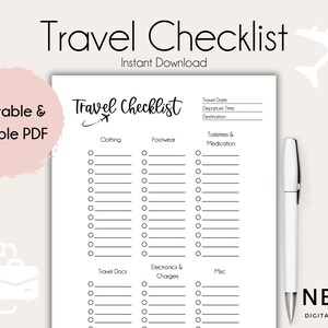Lista de verificación de viaje, Lista de verificación de embalaje, Organizador de viajes, Recordatorio de embalaje, Lista de verificación de vacaciones, Planificador imprimible, Planificador digital, PDF