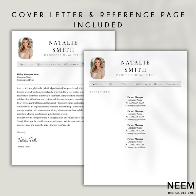 Resume Template Canva With Cover Letter & References, 1 and 2 Page CV ...