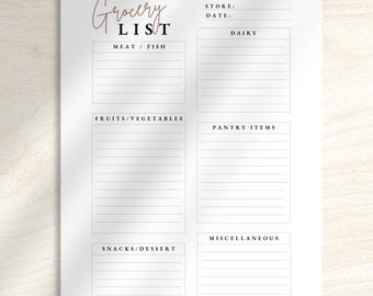 Plantilla de lista de compras imprimible, planificador de compras minimalista, lista de comidas organizada, calendario, PDF instantáneo