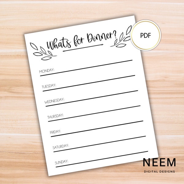 Printable Weekly Dinner Menu Planner, What's For Dinner? Minimalist Menu, Instant Download Meal Planner, PDF