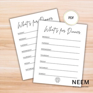 May include: Two white printable dinner planner sheets with the text "What's for Dinner" in a handwritten font. Each sheet has lines for the days of the week. A gold circle with "PDF" is in the upper right corner.