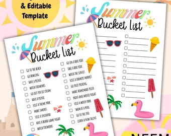Editable Summer Bucket List, Printable Summer Bucket List, Fun Summer Activities Checklist, Bucket List Template, Summer Template For Kids,
