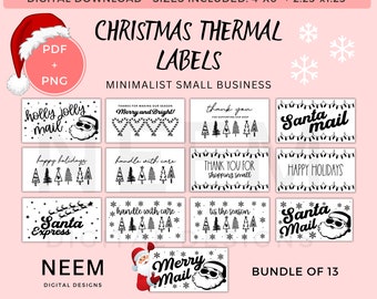 May include: A bundle of 13 Christmas thermal labels with festive designs. The labels feature holiday-themed text and graphics, including Santa Claus, snowflakes, and Christmas trees. The labels are designed for small businesses.