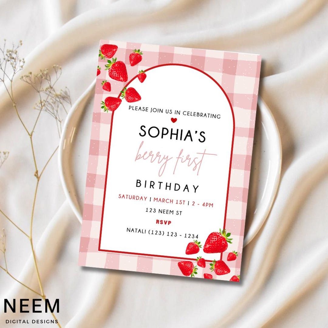 Pink Gingham Editable Berry First Birthday Invitation | Berry First ...
