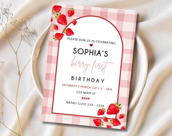 Pink Gingham Editable Berry First Birthday Invitation | Berry First Birthday Digital Invitation | Strawberry Birthday Invite | Template